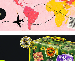 Suitcase covered in travel stickers